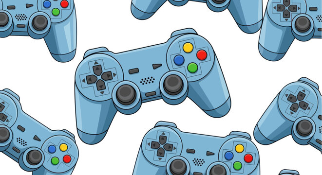 Seamless pattern of blue video game controllers on a white background.