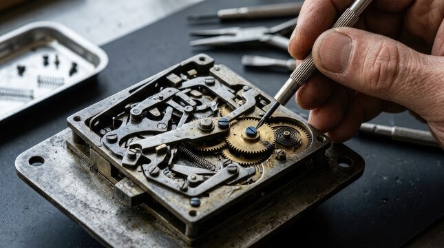 Close-up of a Hand Repairing Intricate Clock Mechanism with Tools