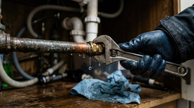 Plumbing Maintenance with Wrench Underneath Kitchen Sink