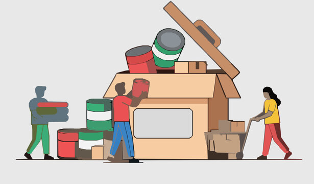 Donation Box Charity Support Volunteering Tiny People Vector Illustration