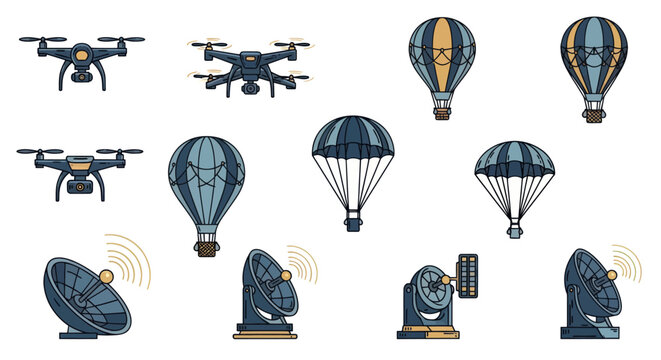 Collection of air transport and communication icons featuring drones and satellite dishes
