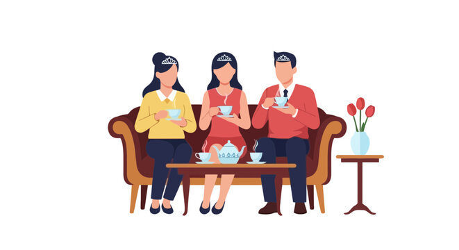 People Enjoying Afternoon Tea Sitcom Style Scene with Coffee and Snacks