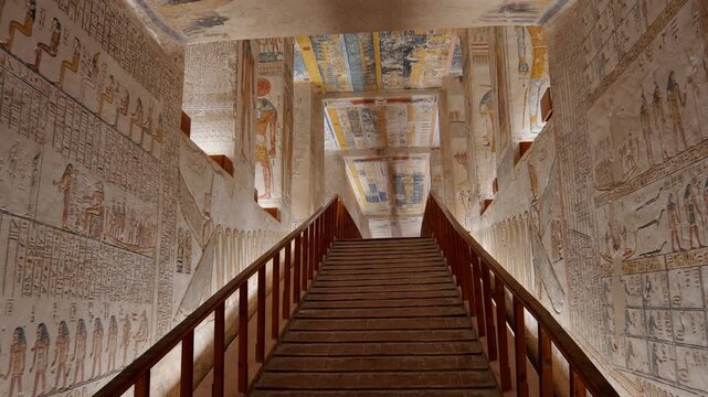 Descending staircase inside an ancient Egyptian royal tomb KV 9, Valley of the Kings, vibrant hieroglyphics and colorful murals covering walls and ceiling, Luxor, Egypt.