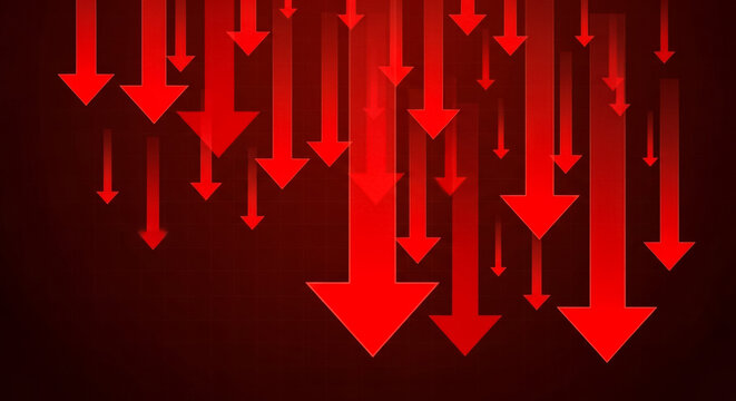 Many vibrant red arrows pointing downwards against a dark gradient background symbolize financial decline and market collapse
