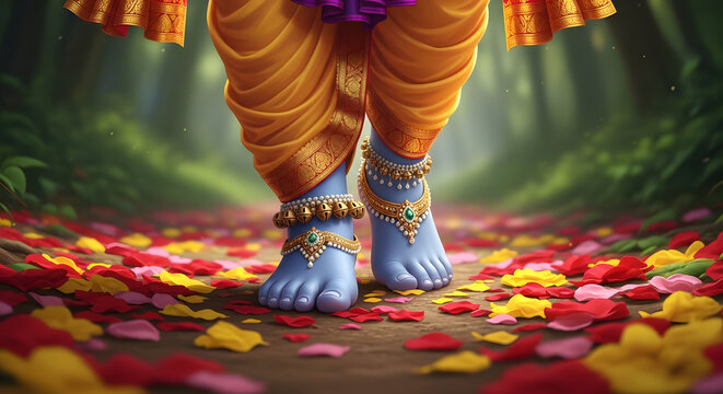 Lord Krishna Divine Lotus Feet with Golden Anklets on Flower Petals