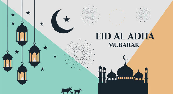 Eid Al Adha Mubarak greeting banner, Islamic festival background with mosque silhouette and lanterns, religious celebration vector with crescent moon