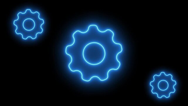 Glowing blue neon gear icons isolated on black background for futuristic technology and digital innovation or modern software system process management