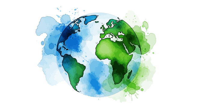 Watercolor Earth illustration, featuring vibrant blue and green tones. Represents global unity, environmental care, and the interconnected beauty of our planet