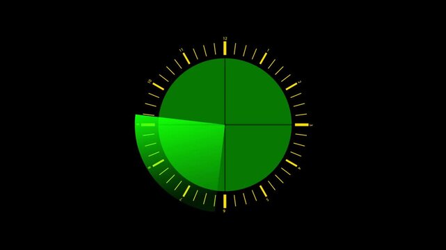 Green circular clock timer interface with yellow details isolated on black background for time management and countdown or productivity tracking concepts