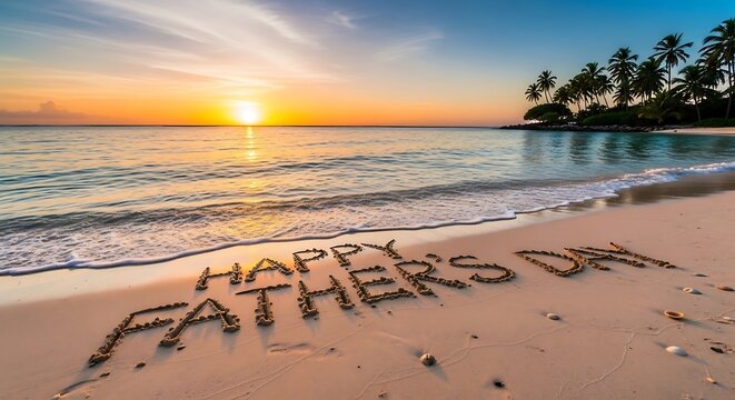 A serene beach scene at sunset with Happy Father's Day message in the sand