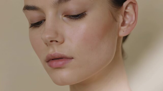 Closeup of a womans face with closed eyes and natural makeup look on beige background