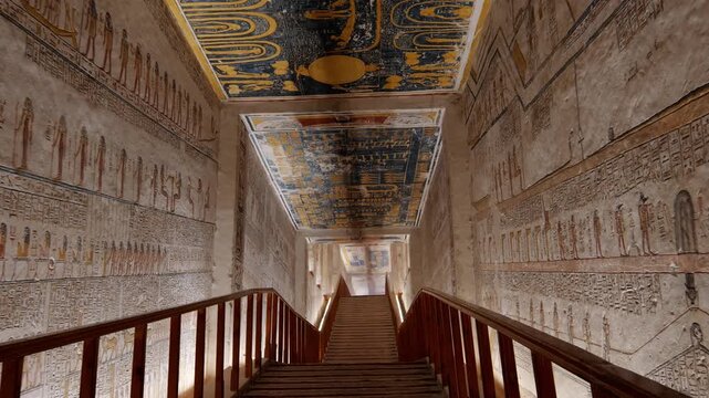 Descending staircase inside an ancient Egyptian royal tomb KV 9, Valley of the Kings, vibrant hieroglyphics and colorful murals covering walls and ceiling, Luxor, Egypt.