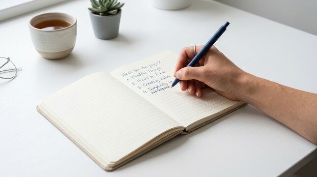 Hand writing in open notebook on white desk with cup and small plant