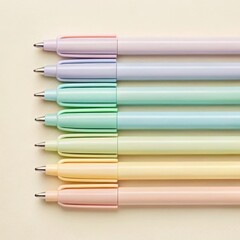 Fototapeta premium Collection of pastel colored pens arranged in a neat row