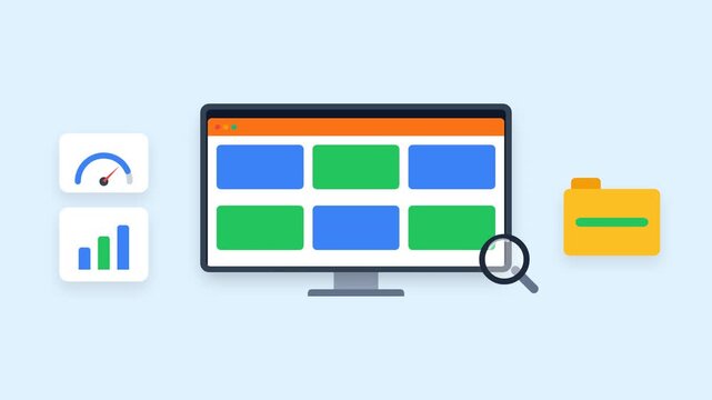 Flat Design 2D Animation of Computer Monitor with Web Interface, SEO Analytics, Search Process and Loading UI Elements