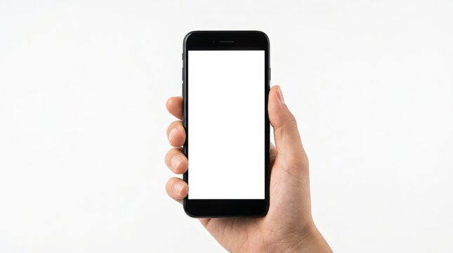 Hand holding smartphone with blank white screen