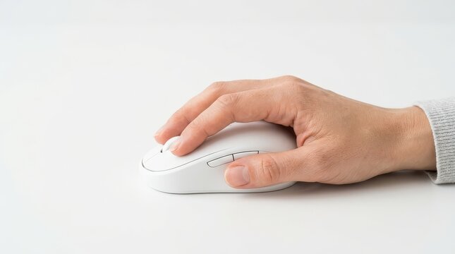 Hand using white wireless computer mouse on white desk