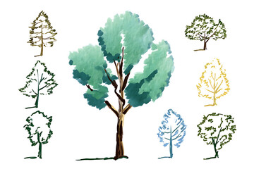 Fototapeta premium Tree icons, colorful tree silhouettes, tree illustrations, 7 trees