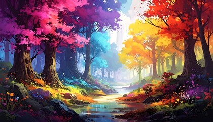 Obraz premium Colorful forest scene featuring trees of pink, blue, yellow, and orange alongside a meandering stream