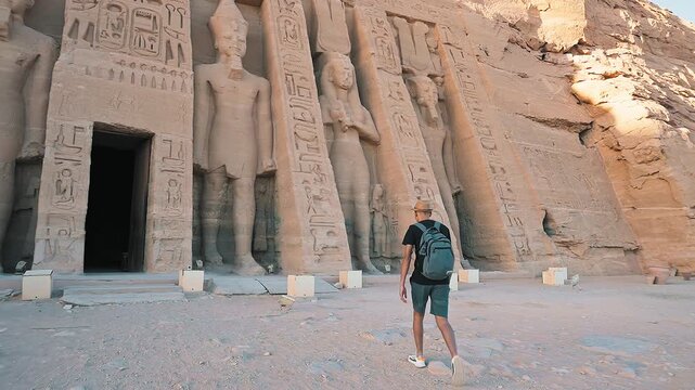 A young man walking towards the temple of nefertari next to the temple of Abu Simbel in southern Egypt next to Lake Nasser. Temple of Pharaoh Ramses II, 4k video