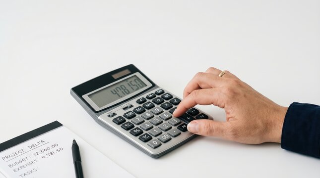 Hand pressing calculator beside note card with project budget and expenses