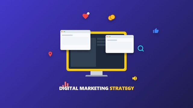 2D Flat Animation of Digital Marketing Strategy Concept with Computer Screen, Web Browser Windows, and Social Media Icons