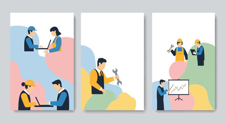 Fototapeta premium Various workers, including engineers and technicians, engage in different tasks across multiple panels.