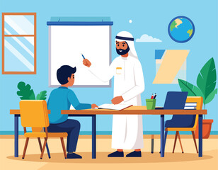 Fototapeta premium Arab Teacher Explaining Lesson to Young Student in Classroom Illustration.