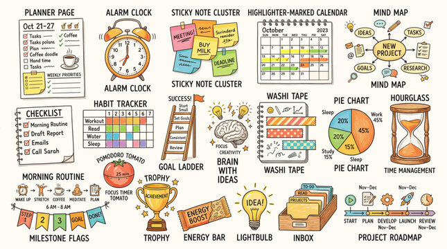 Productivity and planning icons set with planner, clock, checklist, budget, goals, reminders and project tools in colorful hand drawn style isolated on white background