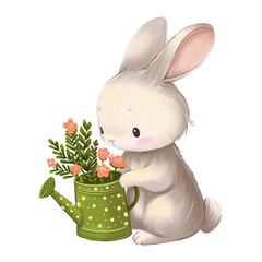 Watercolor cute bunny holding a watering can with flowers, hand painted spring animal illustration isolated on light background. © Marina Morenova