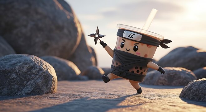 A playful animated boba tea character, dressed as a ninja, joyfully balances a throwing star amidst a rocky outdoor backdrop
