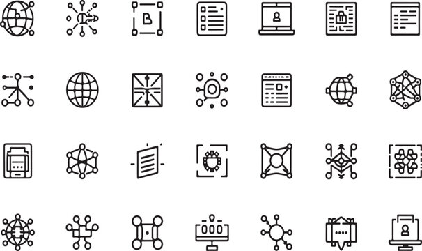 Hand drawn sketch style technology and networking icon set with various digital and data elements isolated on white background