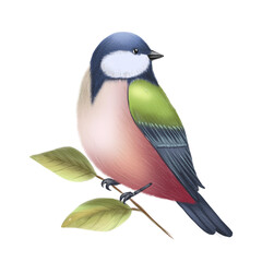 An illustration depicting a colourful titmouse perched on a leafy branch, rendered in a soft watercolour style against a light background. © Marina Morenova