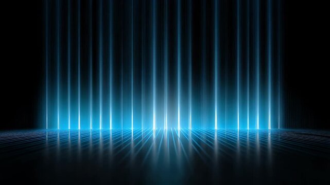 Abstract futuristic blue neon light lines background animation featuring glowing vertical beams and reflective dark floor surface creating rhythmic motion for digital technology and science.