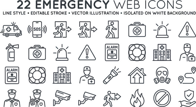 A collection of 22 emergency web icons in line style with editable stroke, vector illustration isolated on white background