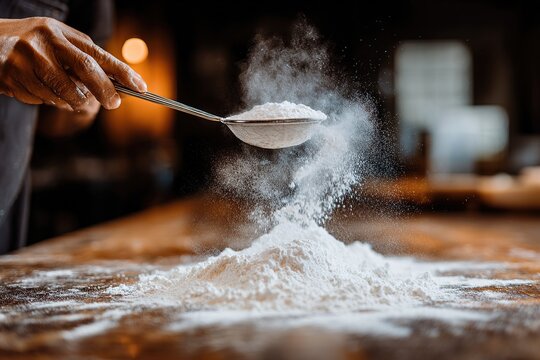 Hand Sifting Flour into Bowl, Dusty Kitchen Scene