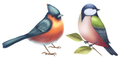 Set of two colorful birds in watercolor style, detailed hand-painted illustration, isolated on light background. © Marina Morenova