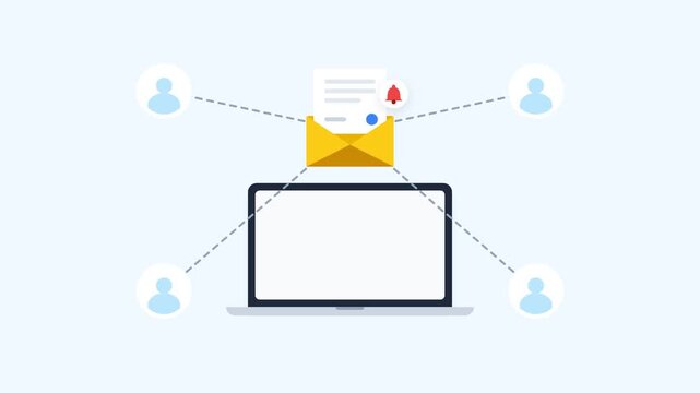 2D Flat Animation of Digital Marketing Strategy Concept with Computer Screen, Web Browser Windows, and Social Media Icons