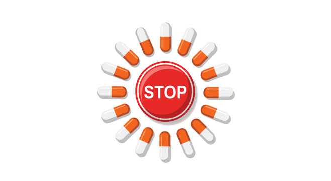 A prominent red stop button is encircled by a radial pattern of orange and white pharmaceutical capsules against a clean and minimalist white background.