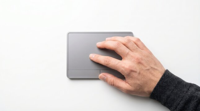 Hand using gray trackpad on white desk