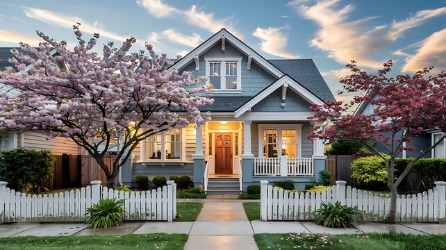 Beautiful blue house with pink tree in front yard on sunny day