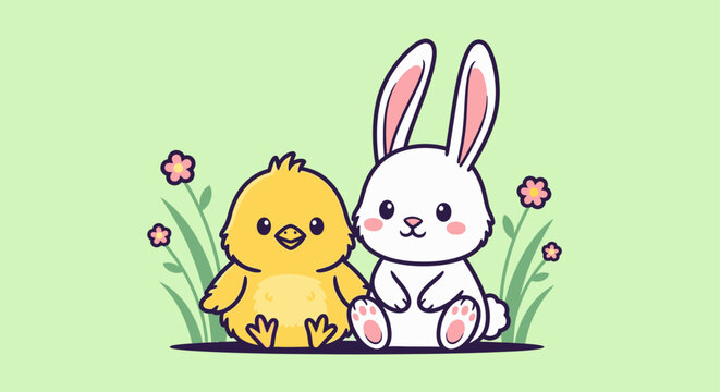 Cute cartoon chick and rabbit friends.