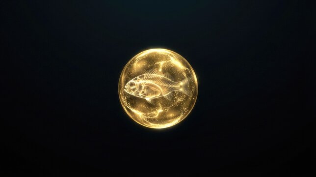 Golden fish skeleton glowing inside a sphere on dark background. Artistic representation of Genesis day 5 creation of aquatic life. Biblical religious theme of divine origin of nature.