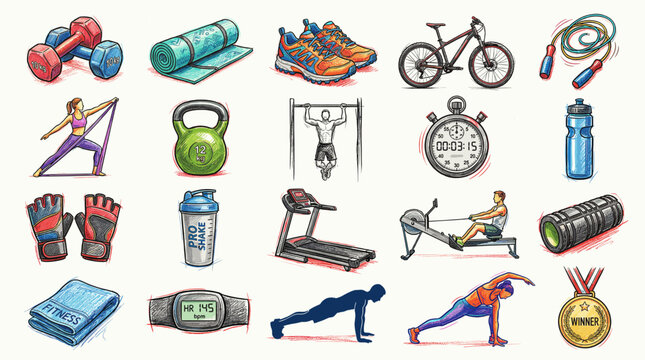 Fitness and workout equipment set with dumbbells, shoes, bicycle, treadmill, gloves and exercise accessories in detailed hand drawn style isolated on white background