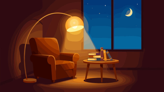 Cozy reading corner with a chair, lamp, and table at night with moonlight shining from the window