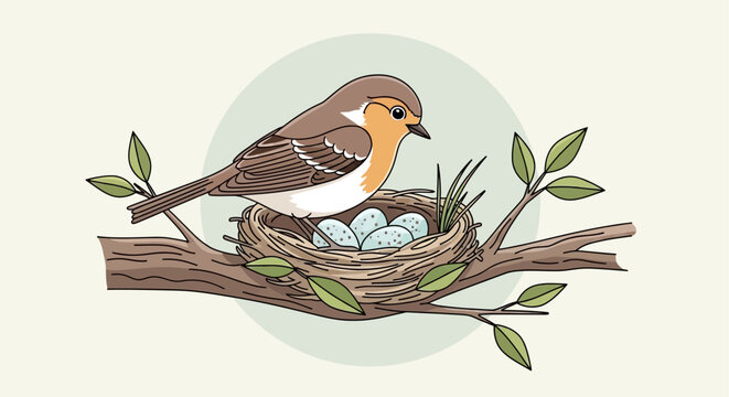 Bird sitting on eggs in nest.