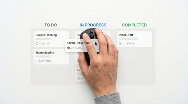 Hand moving computer mouse over task board interface