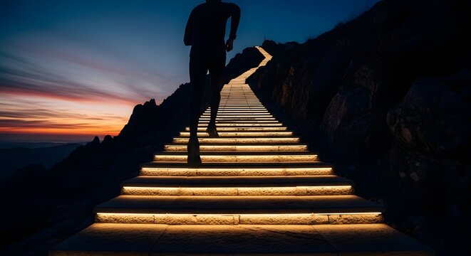 Person jogging on illuminated outdoor stairs toward the peak at dusk. Cinematic night photography representing progress, fitness, motivation, and the challenging journey to the top