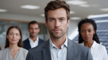 Fototapeta premium A confident professional man stands in the foreground with diverse colleagues in a modern office suggesting clean energy and collabo n
