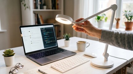 Fototapeta premium Hand adjusting white desk lamp above laptop and keyboard on desk